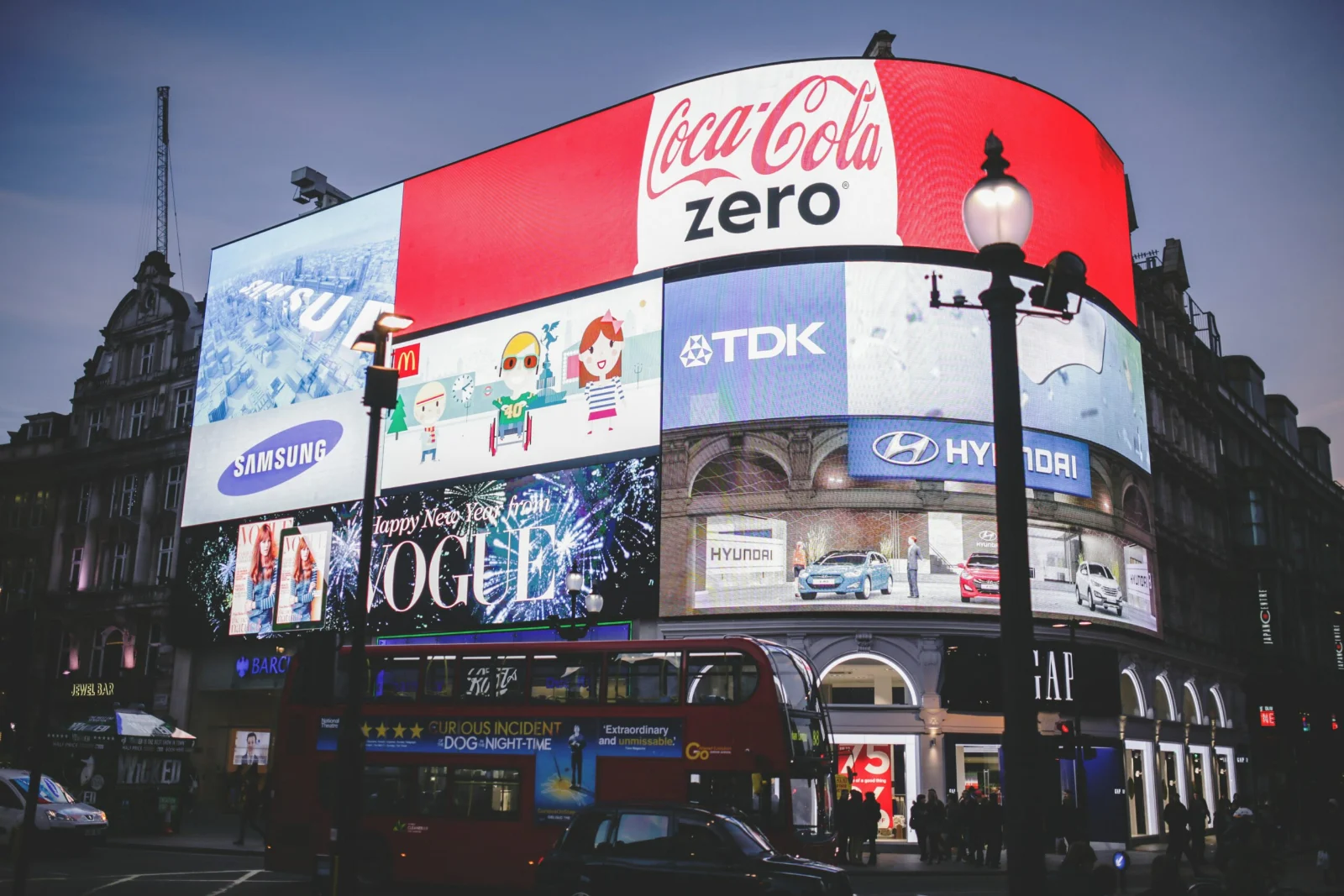 Street life and media screens at Piccadilly Circus